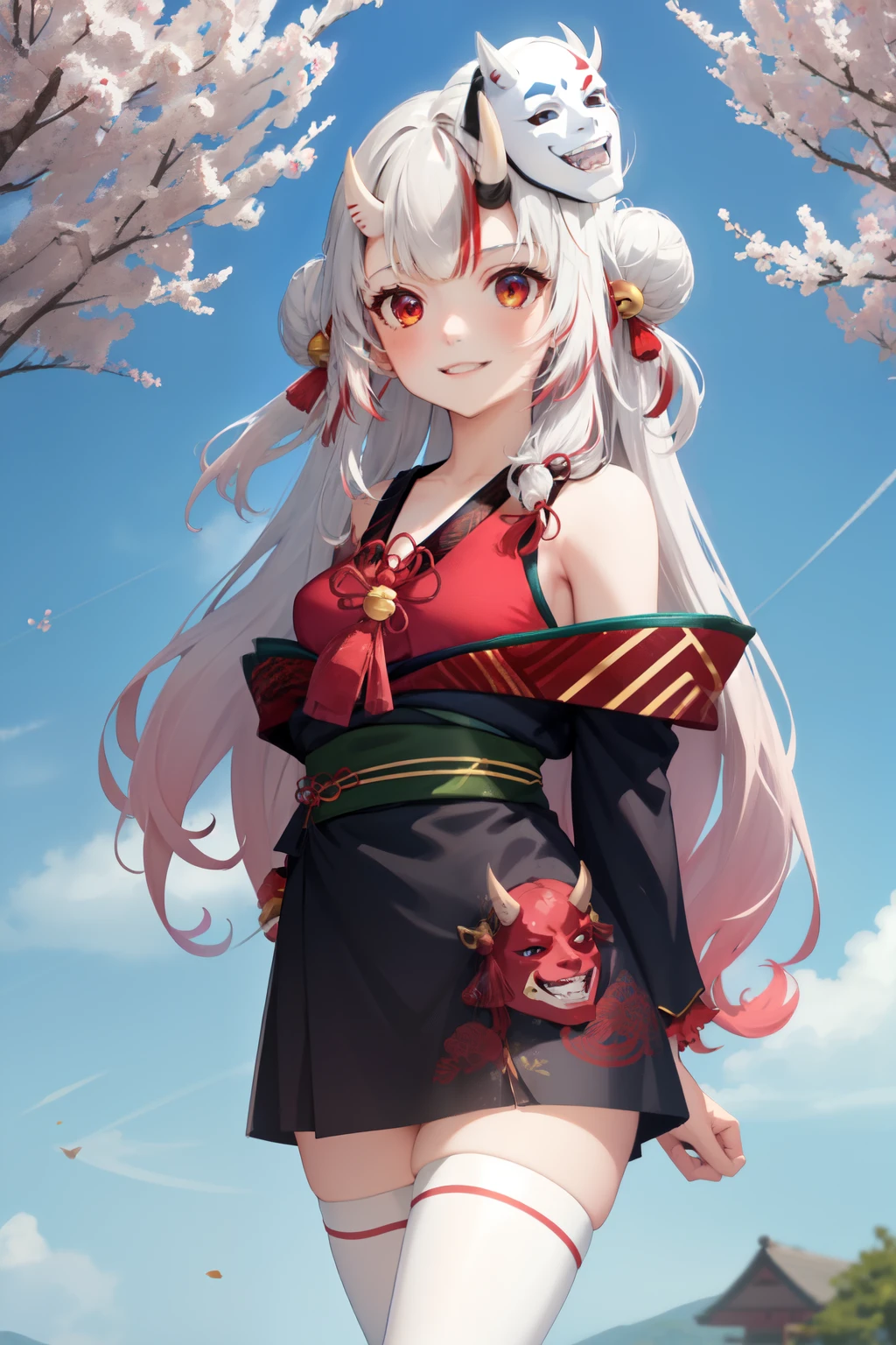 masterpiece, best quality, absurdres, perfect anatomy, 1girl, solo, Nakiri Ayame, long hair, double bun, AyameBase, black kimono, hair bell, obi, white thighhighs, bare shoulders, long sleeves, oni mask, mask on head, outdoors, standing, sakura tree, arms behind back, smile