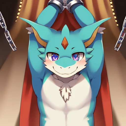 ((((((SFW)))))), (((detailed eyes, detailed face))), (dragon), male, , standing, (arms above head, bondage, cuff \(restraint\), chains), smile BREAK (konzaburou, ukan_muri, cute), (soft shading), 