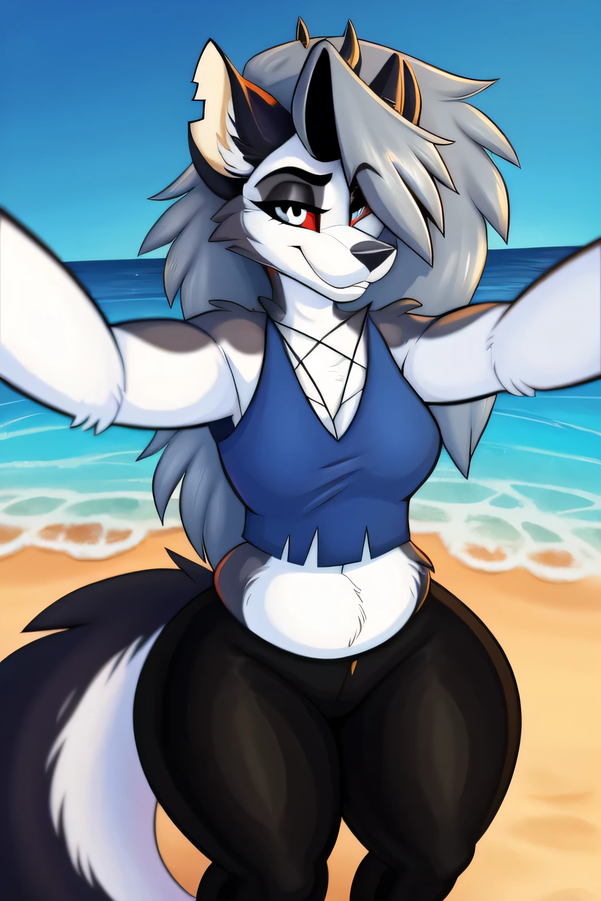 Mightyena ,bzeh art style, best quality,masterpiece,1girl,chubby,beach,detailed,nude,selfie,nsfw,pulling down her bra to show her left breast