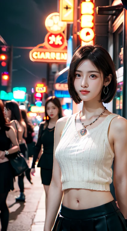 8k, masterpiece, RAW photo, best quality, photorealistic, extremely detailed CG unity 8k wallpaper, Depth of field, Cinematic Light, Lens Flare, Ray tracing, (extremely beautiful face, beautiful lips, beautiful eyes), intricate detail face, ((ultra detailed skin)) 1girl, in the dark, deep shadow, pretty asian girl, 1 girl, (very slim slender fit-muscled body:1.3), ((looking at viewer)),(big smile:1.3), (fashion city night, dark night, (neon sign), (blurred background), street night),(without people in the background:1.3), beautiful earrings, bracelets, necklace, pantyhose, clear eyes, (pale skin), (big eyes), face forward, ((upper body shot)), (looking at viewer:1.3) very slim, medium breasts, (Ultra-realistic, gazing at viewer, short skirt, (hight resolution), (8K), (ighly detailed), (Brown hair, short-hair), (Woman in red short sleeveless sweater, Show the navel), (Slim body)