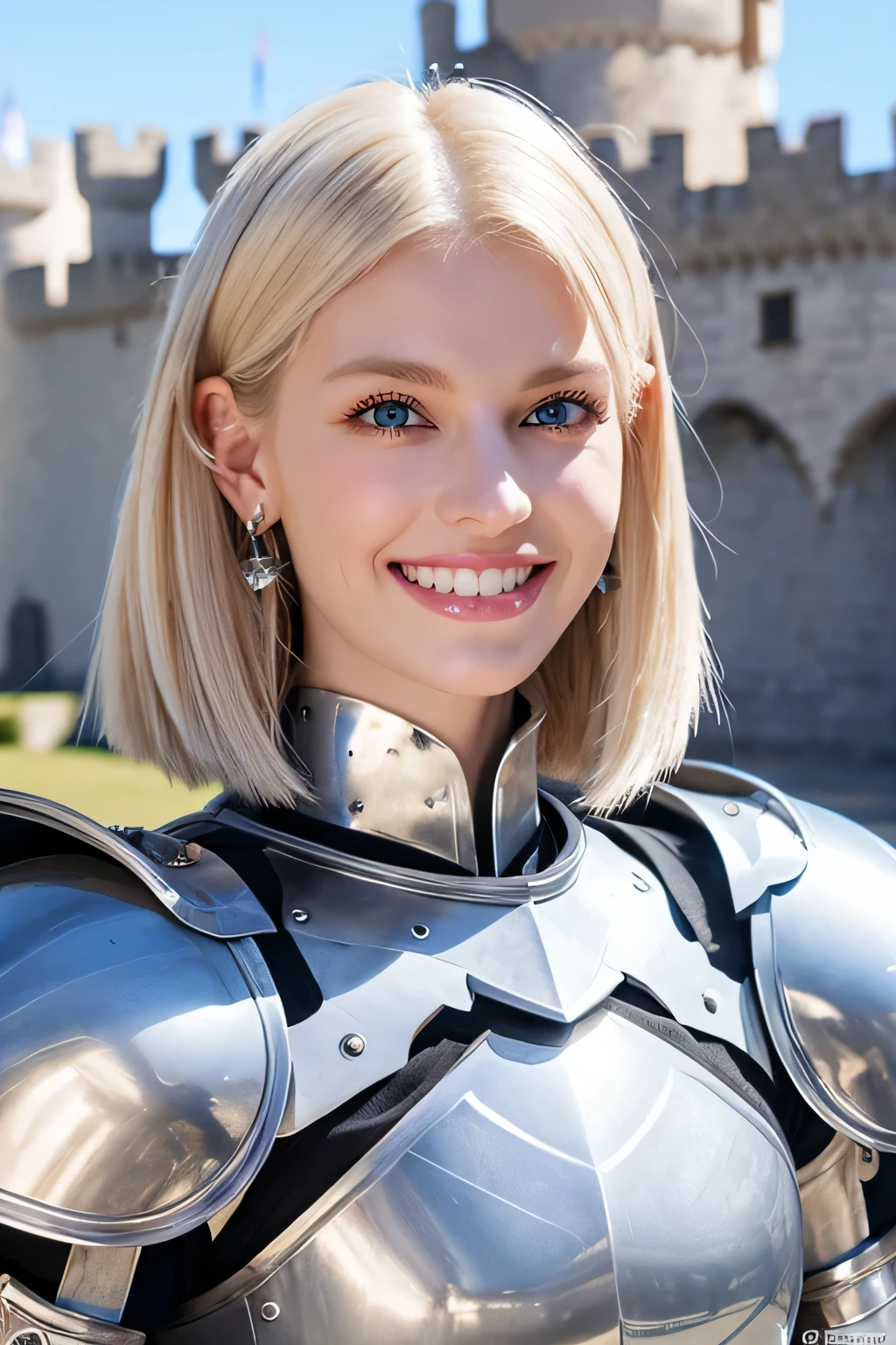 8K、highest quality、female knight、Luxurious Silver Armor、、hairstyle short cut、smile、Beautiful Teeth、Full body photo、ear piercing、blonde、White woman、blue eyes、Heavy makeup、The background is inside the castle