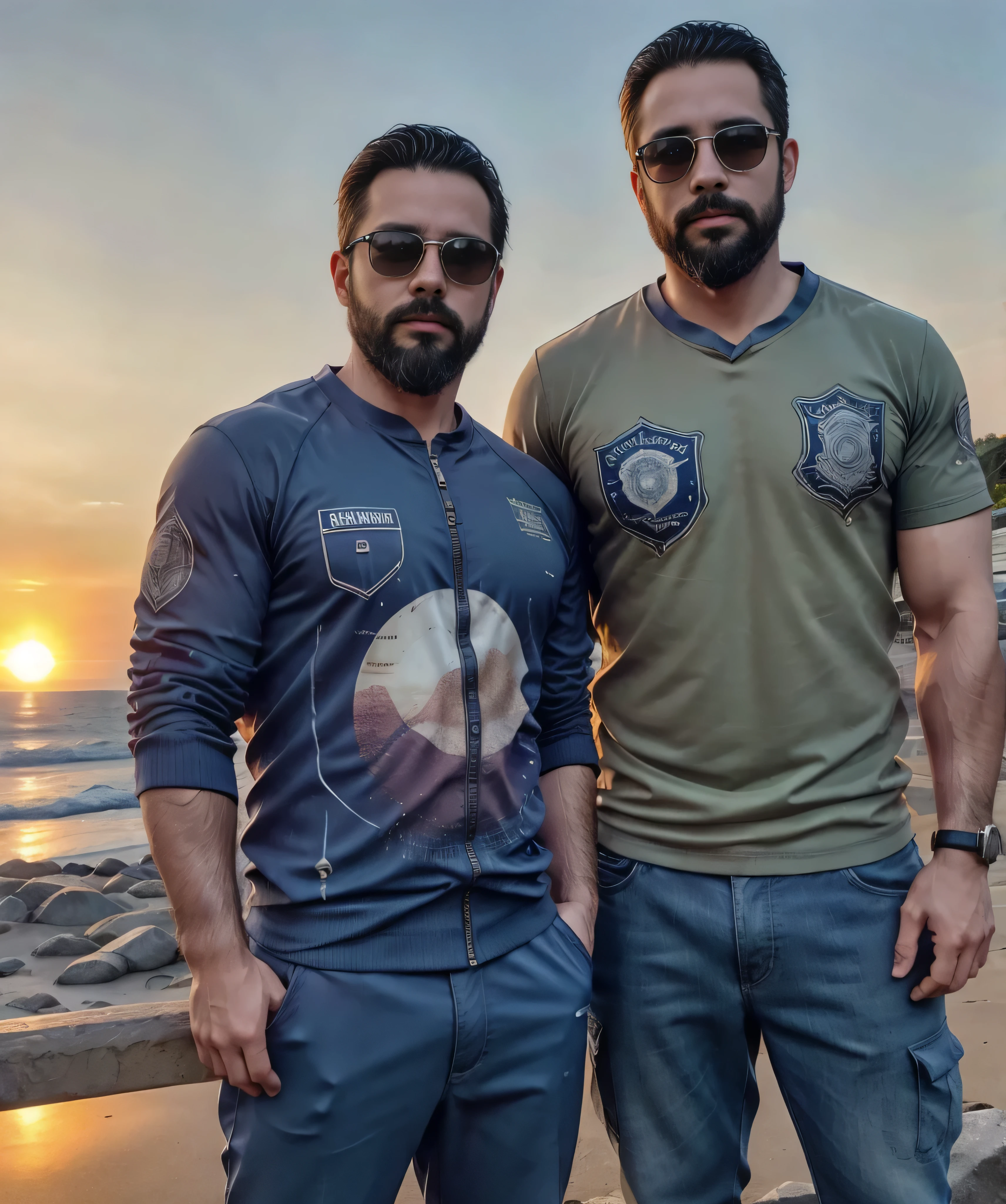 Obra maestra, desenfoque de campo, Parte superior del cuerpo, Hands in pants pockets , Two 38 year old men with beards and square sunglasses.... Men dressed in a forensic shirt at an action movie in Japan with a sunset in the background.