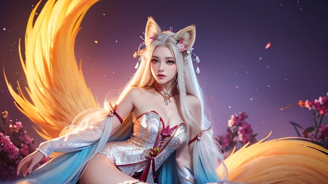The fox queen sits in front of a nine-tailed fox､(absurdly ,high quality , Super detailed,(See photographer ),(fox god,nine-tailed fox) ,beautiful long white hair，Costumes with detailed, beautiful and colorful patterns