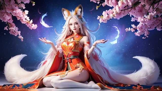The fox queen sits in front of a nine-tailed fox、(absurdly ,high quality , Super detailed,(See photographer ),(fox god,nine-tailed fox) ,beautiful long white hair,Costumes with detailed, beautiful and colorful patterns