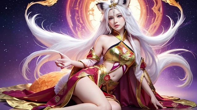 The fox queen sits in front of a nine-tailed fox、(absurdly ,high quality , Super detailed,(See photographer ),(fox god,nine-tailed fox) ,beautiful long white hair,Costumes with detailed, beautiful and colorful patterns
