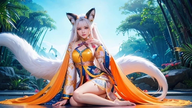 The fox queen sits in front of a nine-tailed fox､(absurdly ,high quality , Super detailed,(See photographer ),(fox god,nine-tailed fox) ,beautiful long white hair，Costumes with detailed, beautiful and colorful patterns