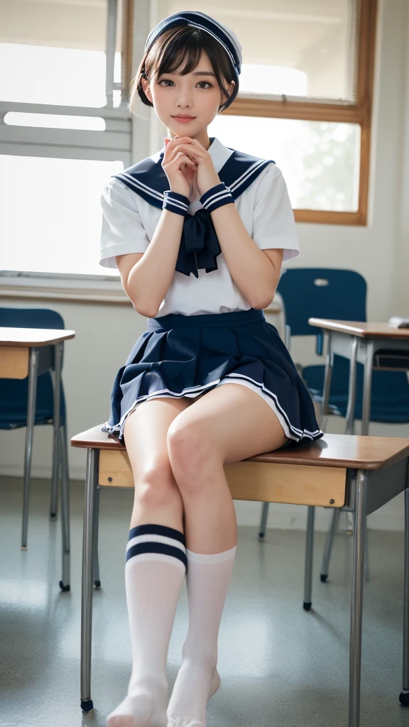 (happy expression:1.26)、RAW photo、(((Ultimate beauty full body photo shoot)))、((glowing skin))、mature woman, (thick legs), (big breasts)、40 year old beautiful girl in Prague、bright look、detailed face、bewitching、((black haired、short cut hair:1.2))、skirt、View from the floor、(Light blue and white striped long socks:1.2)、(thigh-high socks:1.2)、((sailor suit、uniform、Mini skirt:1.5))、(Micro Skirt、high waist)、(Sitting on a chair with elbows on a school desk and legs wide open:1.2)、((She opens her legs and shows me her panties.:1.5))、(see through panties:1.5)、((standing on tiptoe))、counter point shot、((super detailed))、(Perfectly detailed face)、(detailed hands)、(finger details)、(excellent human structure)、photorealistic imageasterpiece、high quality、super detailed、film light、intricate details、High resolution、very detailed))、detailed background、8KUHD、Digital single-lens reflex camera、soft light、high quality、film grain、Fujifilm XT3 、shallow depth of field、natural soft light、classroom、View from slightly below、