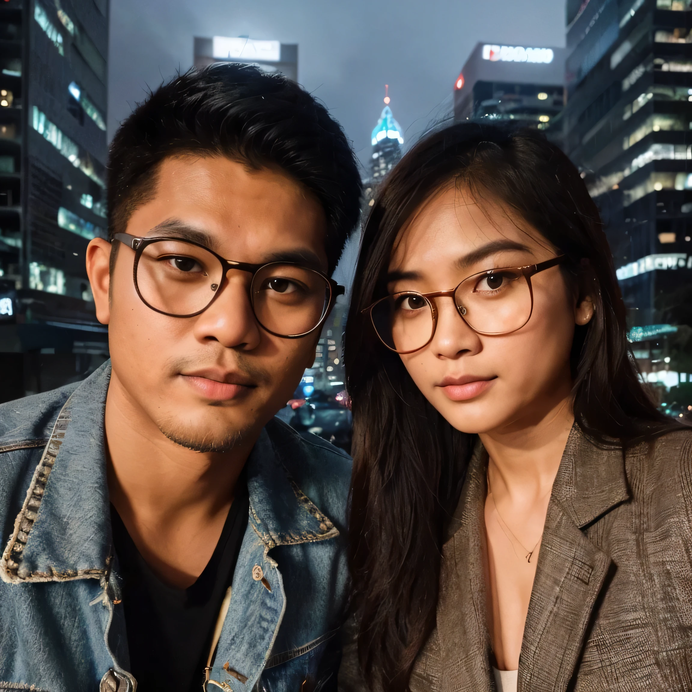 (8K, RAW Photos, Photography, Highest Quality, Intricate Details), Medium shot of a 30 year old indonesian man, kinda fat muscle, nature skin, induction cut hair, wearing a jeans jacket, glasses, side by side with a 25 year old indonesian woman with long hair, wearing blazer clothes, eye to camera, selfie photo, with city light background