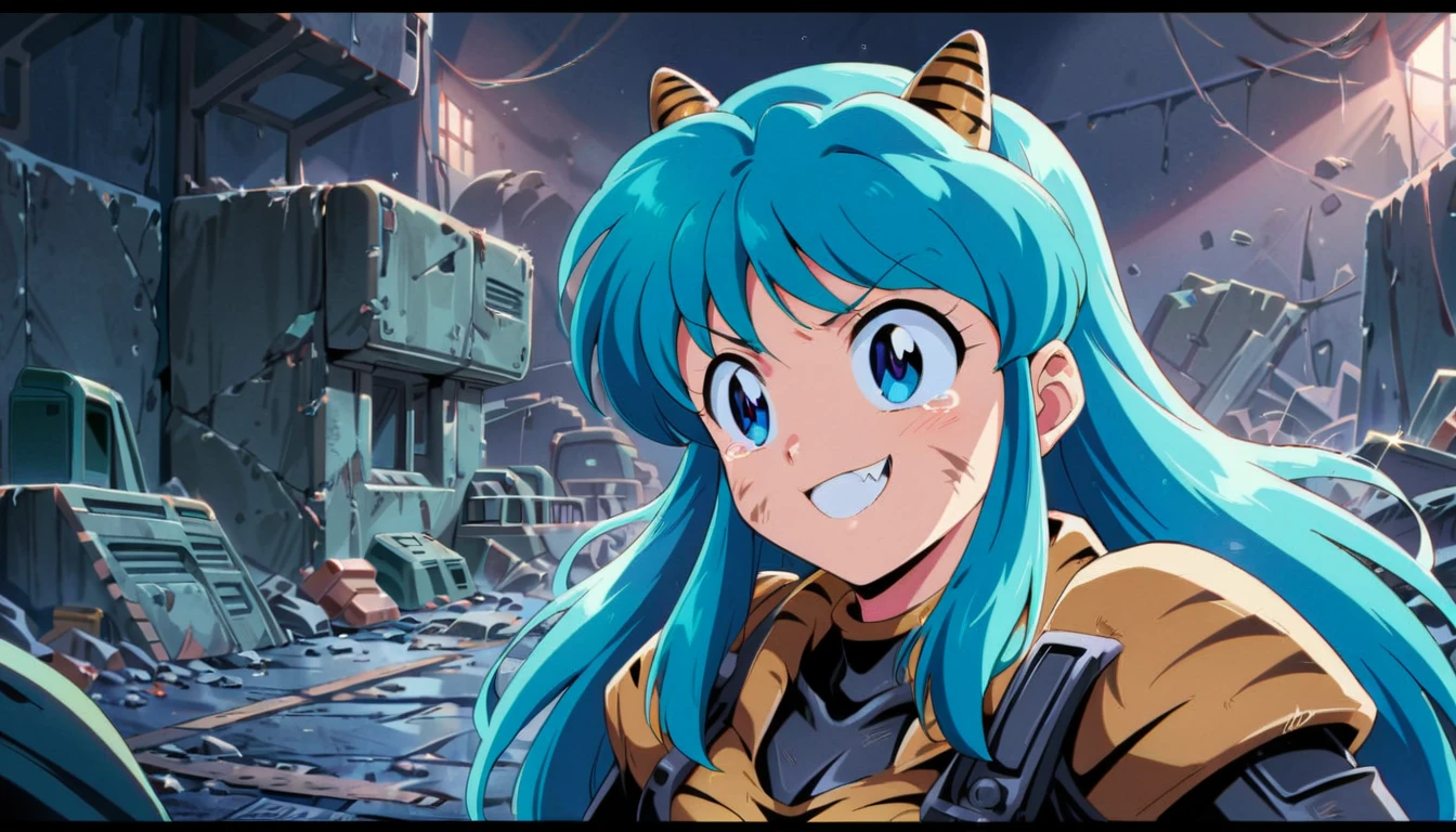 ((Lum)), Solo, blue-green hair, dirty aqua hair, (solo), bangs, long hair, blue eyes, dirty face, blood on the face, score_9, score_8_up, score_7_up, yellow tiny tiger-striped horns, happy, smirk showing fangs, tears, retro anime girl, 80's anime vibe, 1980's anime style, 80's anime style, in the art style of 80's anime, 90s anime style, 90's anime style, 80's anime art style, wear power armor, ((X-01)), Military, damaged, Destroyed background, military base, destroyed military base, Science fiction, Beautiful lighting, dappled sunlight, light particles, Best quality, 4k, 8k, highres, (masterpiece:1.4), ultra-detailed, upper body,