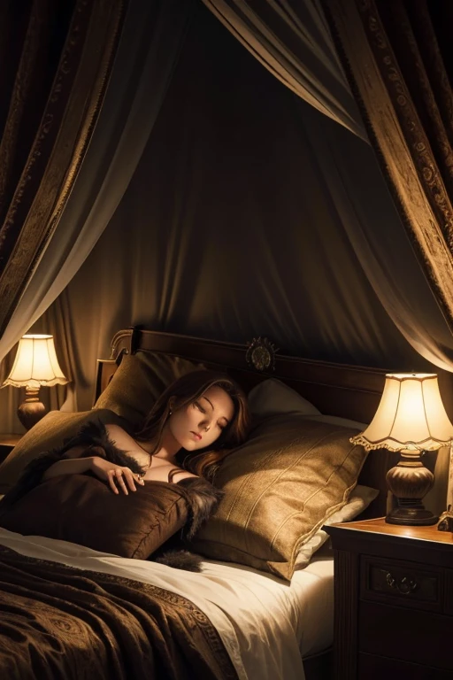 beautiful witch, brown locks, slender frame, reclining in tranquility on a plush bed in a cozy, sunlit chamber, positioned on her side, clutching a down-filled pillow. The woman's eyes are concealed behind closed lids, and an air of satisfaction graces his strong. Her fur-strewn bed exudes a feeling of opulence and refuge, adding to the serene and untroubled ambiance of the softly lit space, bathed in the comforting and soothing radiance of a singular lamp.