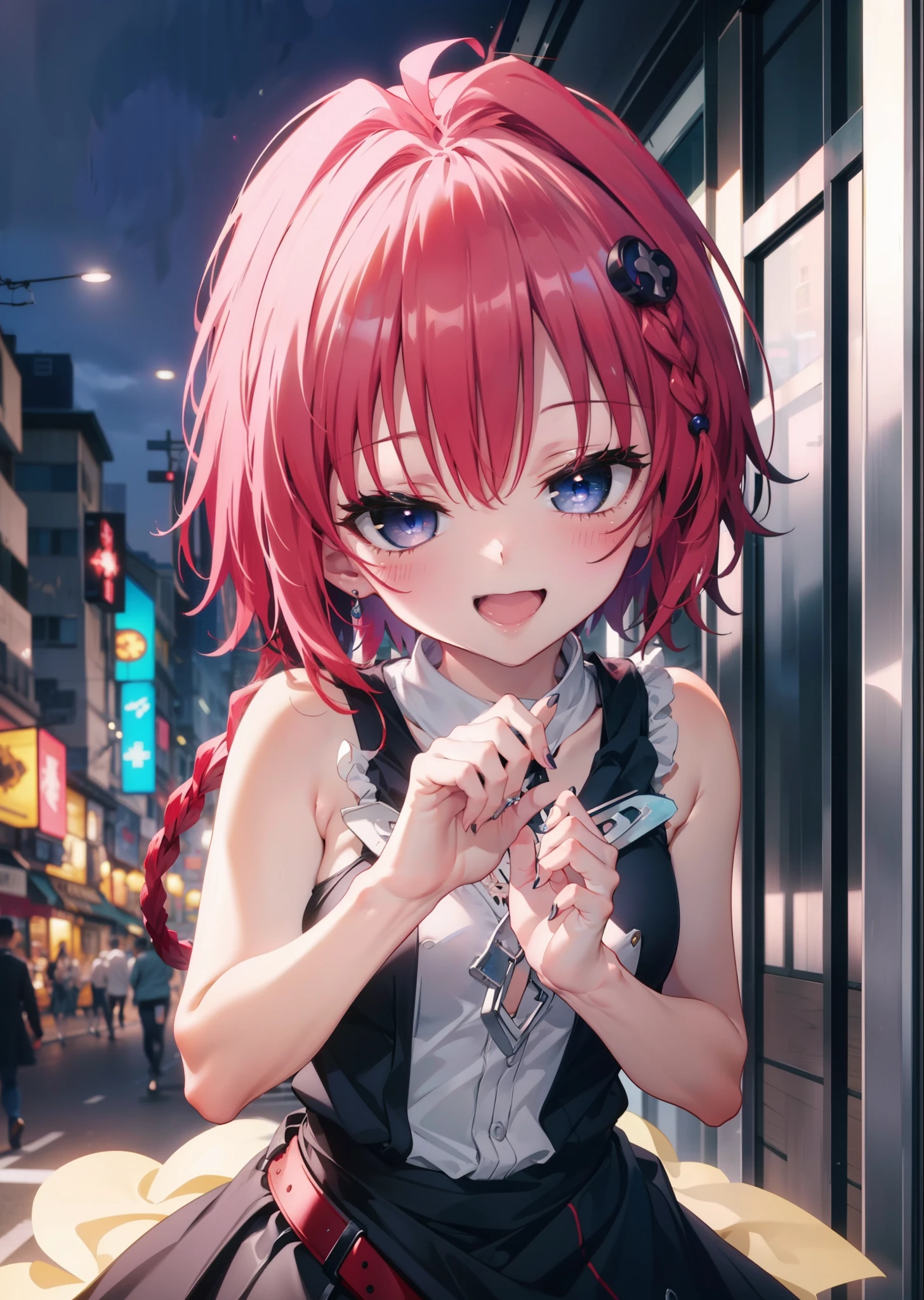 (masterpiece, highest quality:1.2),shape,8k,High resolution,kurosaki mea,Cowboy Shot,As if your whole body is in the illustration,1 girl,happy smile, smile, Open your mouth,Red hair,Long braids,Upper Body,(Portraiture:1.2),hair ornaments,smile,Purple eyes,Medium Chest,White Hair Band,Sleeveless dress,Long skirt,Cute Sandals,happy smile, smile, Open your mouth,smile,blush, Building district (Cowboy Shot:1. 5),(masterpiece:1.2), highest quality, High resolution, unity 8k wallpaper, (shape:0.8), (Beautiful and detailed:1.6), Highly detailed face, Perfect lighting, Extremely detailed CG, (Perfect hands, Perfect Anatomy),