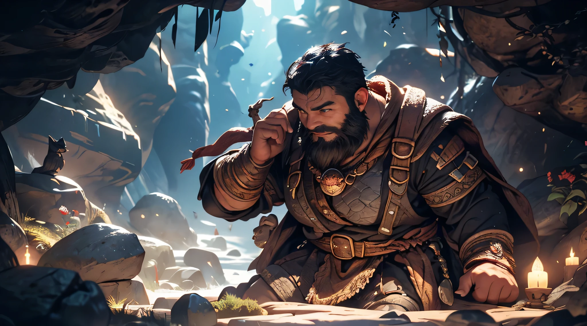 (dwarf:1.1),short black hair and beard, in front of (rocky, dark) cave mouth underground, filled with rocks (fantasy theme), (realistic lighting:1.2),ultra-detailed,sharp focus,vivid colors,photorealistic landscape,bokeh