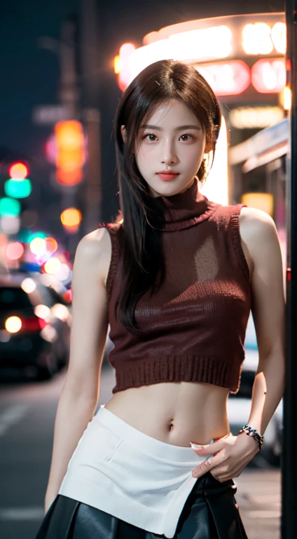 8k, masterpiece, RAW photo, best quality, photorealistic, extremely detailed CG unity 8k wallpaper, Depth of field, Cinematic Light, Lens Flare, Ray tracing, (extremely beautiful face, beautiful lips, beautiful eyes), intricate detail face, ((ultra detailed skin)) 1girl, in the dark, deep shadow, pretty asian girl, 1 girl, (very slim slender fit-muscled body:1.3), ((looking at viewer)),(big smile:1.3), (fashion city night, dark night, (neon sign), (blurred background), street night),(without people in the background:1.3), beautiful earrings, bracelets, necklace, pantyhose, clear eyes, (pale skin), (big eyes), face forward, ((upper body shot)), (looking at viewer:1.3) very slim, medium breasts, (Ultra-realistic, gazing at viewer, short skirt, (hight resolution), (8K), (ighly detailed), (Brown hair, short-hair), (Woman in red short sleeveless sweater, Show the navel), (Slim body)