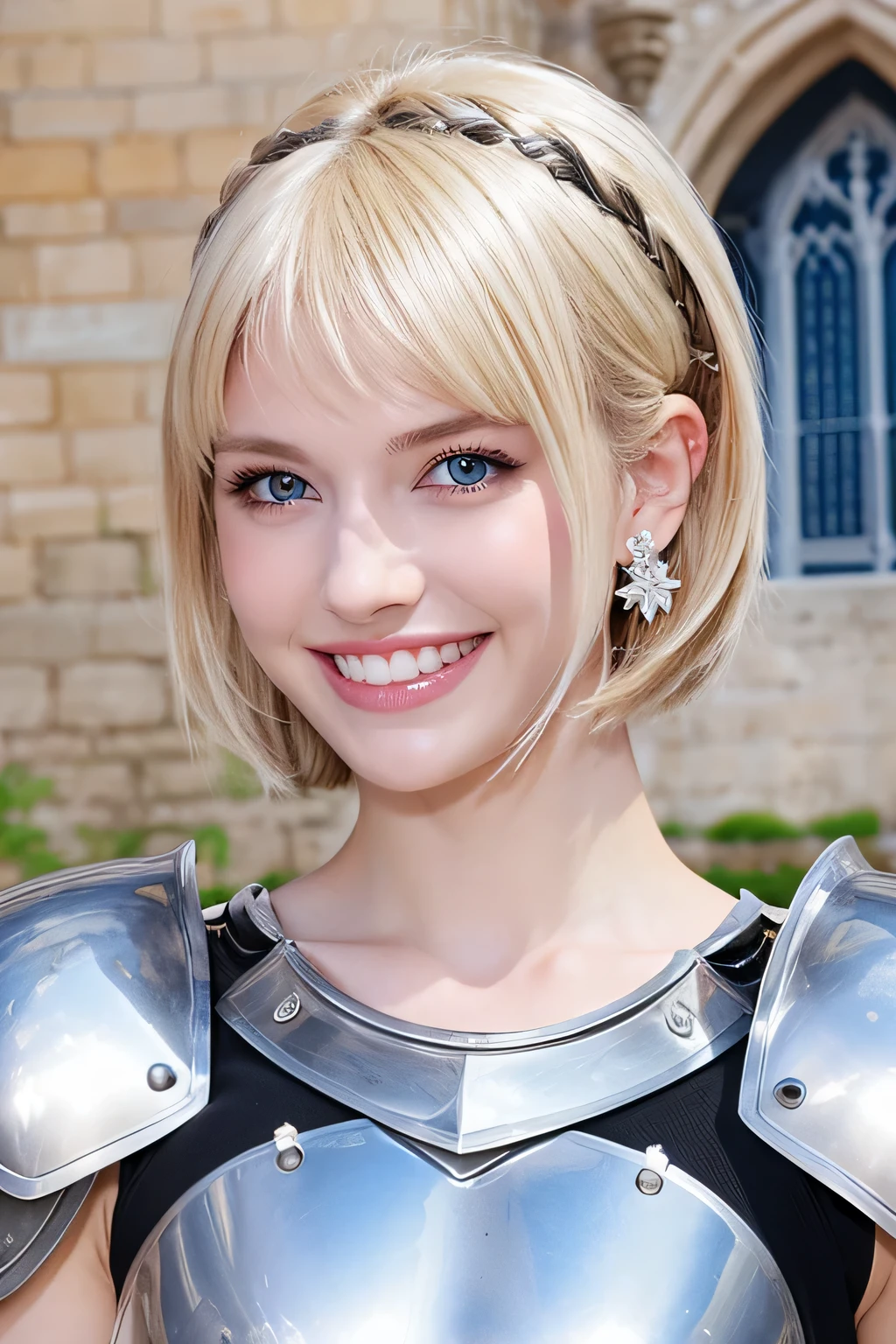 8K、highest quality、female knight、Luxurious Silver Armor、、hairstyle short cut、smile、Beautiful Teeth、Full body photo、ear piercing、blonde、White woman、blue eyes、Heavy makeup、The background is inside the castle