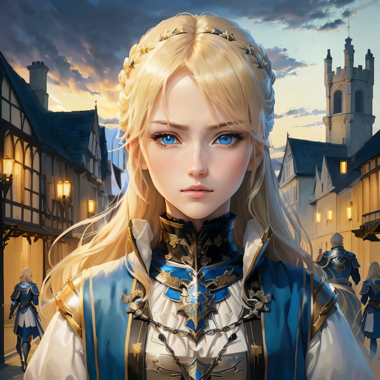 Anime-style image of a blonde, blue-eyed woman, Portrait of a girl in the Knights of the Zodiac, Vivid RPG Portraits, Beautiful female priest, portrait knight woman, April Rendering, Inspired by Valeria Dennes, portrait of female paladin, Inspired by Le Chevalier, Female protagonist 👀 :8, Artoria Pendragon, Detailed portraits、Angry