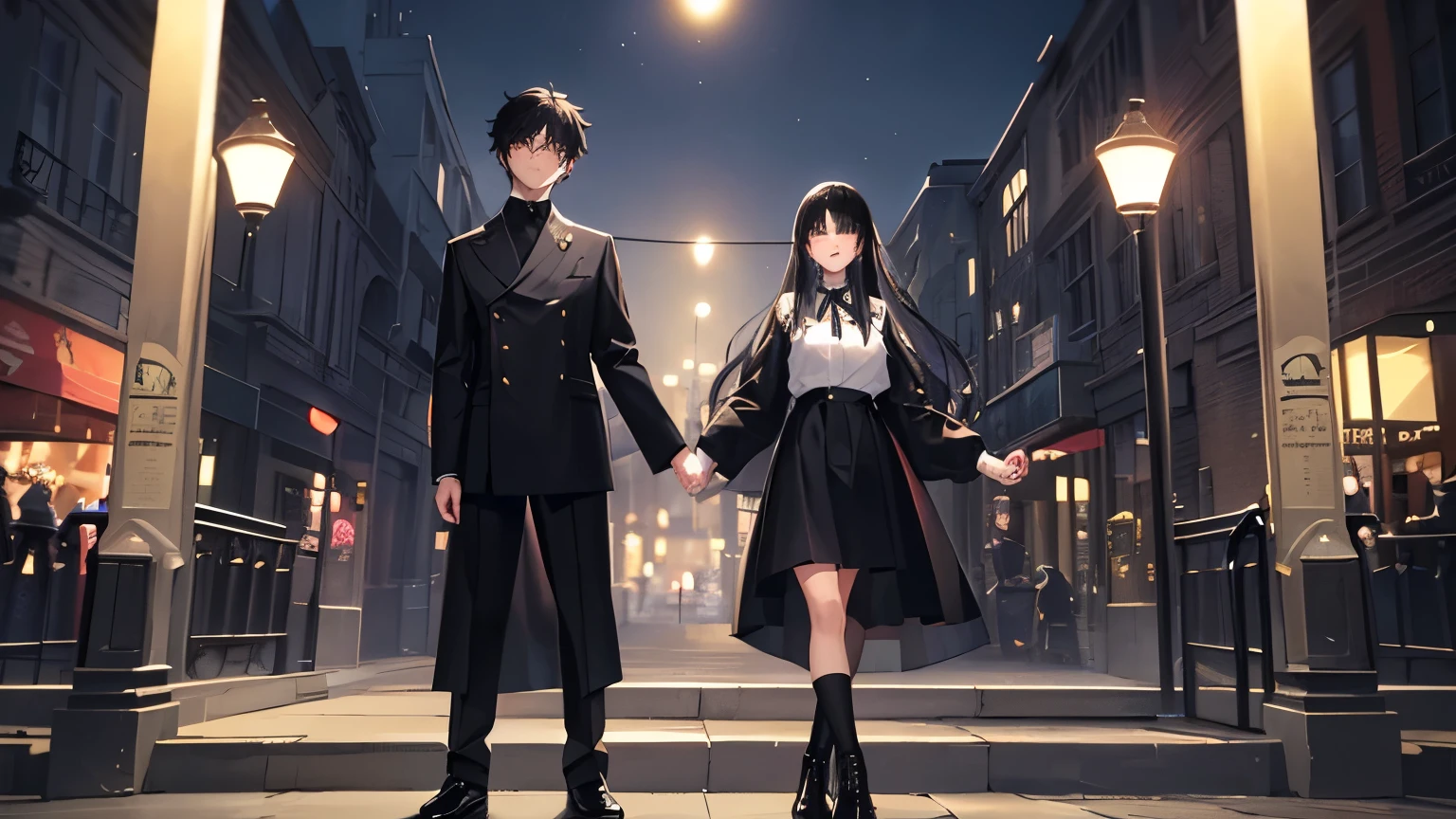 masterpiece, highest quality, (15 year old boy and girl couple),(There is a height difference),Girl in uniform、Long black hair、Brown eyes、Black boots、Skirt is 10cm above the knee、Boys in black clothes、pants、Black shoes、Two people holding hands、Amusement park at night、Date、（Detailed facial expressions）