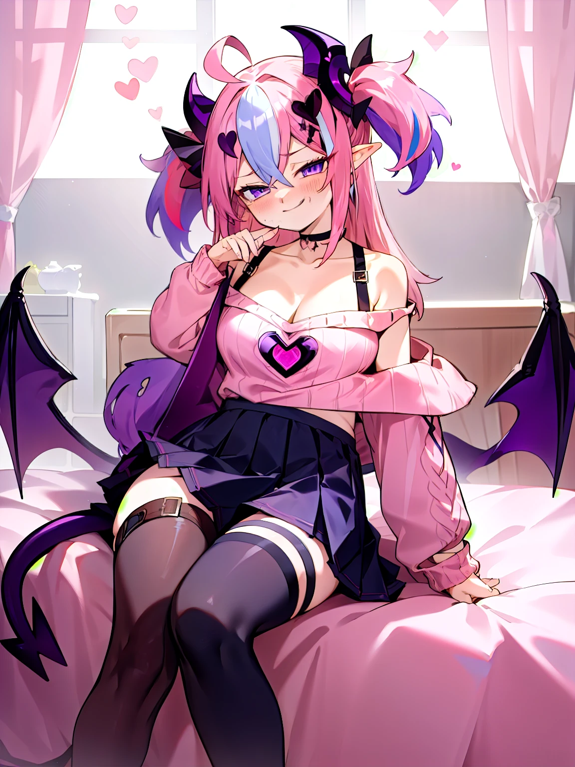 ironmouse, pink hair, streaked hair, two side up, long hair, purple eyes, demon tail, demon horns, choker, heart ahoge, heart hair ornament, off shoulder, long sleeves, pleated skirt, thighhighs, thigh strap, pink sweater, large breasts, cleavage, sitting, smirk, smug, clenched hand, masterpiece, best quality