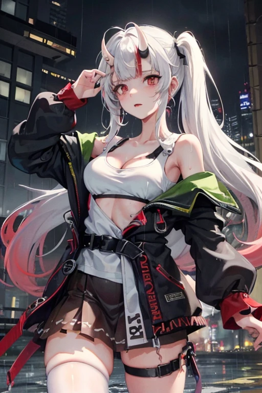 realistic, anime, 1girl,bangs, twintails, long hair, small breasts, off shoulder, white hair, rainbow hair, oversized T-shirt, white T-shirt, black bra, bare legs, thigh, cleavage, collarbone, (extremely detailed CG unity 8k wallpaper, masterpiece, best quality, ultra-detailed, best shadow), (masterpiece:1.2, best quality), very red eyes, sweat, soft body, cute, arm strap, thigh strap, multicolor eyes, outside, out door, raining, night, wet cloths, standing, standing in the rain, wet hair, wet skin, see through, (heavy rain), ruined building, messy ground, bullet shells on ground, dust, wounds, walking, jacket, tactical suit, military equipment, (night), white legwear, wet thighs, ((lotion)), from behind, (wet), dress, skirt, , happy, happy expression, thighs, from below, horizon, \(weapon\), sweat