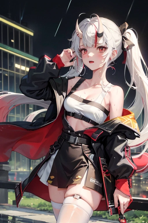 1girl, long hair, red left eye, grey right eye, straight silver hair, strictly straight bangs, hime hairstyle, blunt bangs,((( long straight hair))),((( red back lighting))), heterochromia eyes, streetwear, crop top, city, Europe, water, neon, lights, glow, colourful, night, starry sky, sci fi, absurdres, high res, ultrasharp, 8k, masterpiece