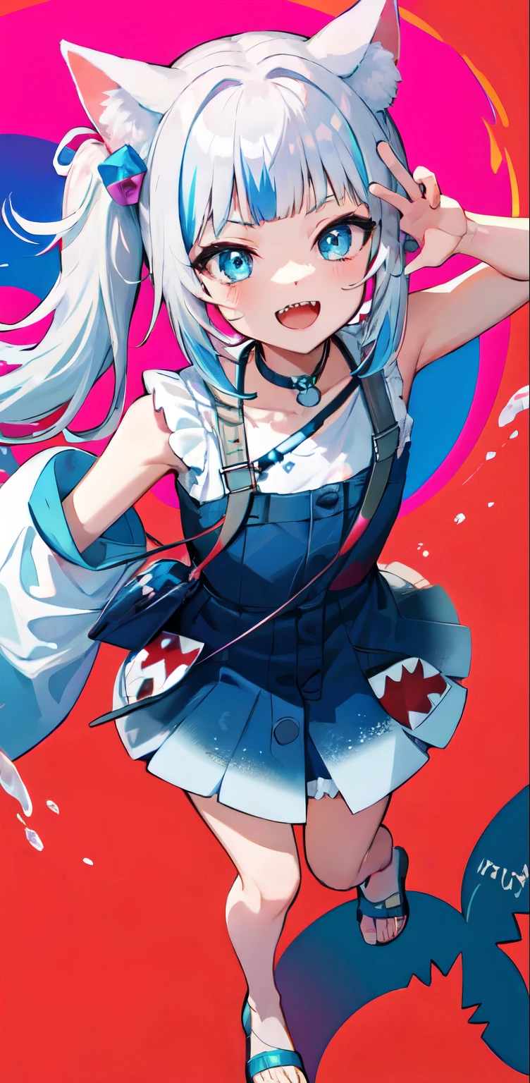 masterpiece, high quality, houshouBikini, highres, absurdres, ultra-detailed, detailed eyes, 8k, ti-emb_kobo-kanaeru, 1girl, colorful eyes, fangs, open mouth, bangs, colorful background, looking at viewer, vibrant, contrast, gradient hair, happy, graffiti wall background, water splash, close up, small breast, 2d, masterpiece, best quality, anime, highly detailed, full body, 1girl, solo, gura_neko, blue dress, cat ears, side ponytail, cube hair ornament, sandals, :d, sharp teeth, shark tail, shoulder bag, shore town