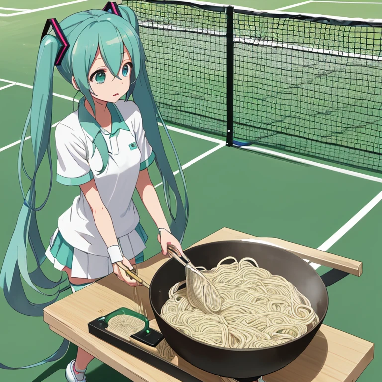 Hatsune Miku making soba noodles on the tennis court