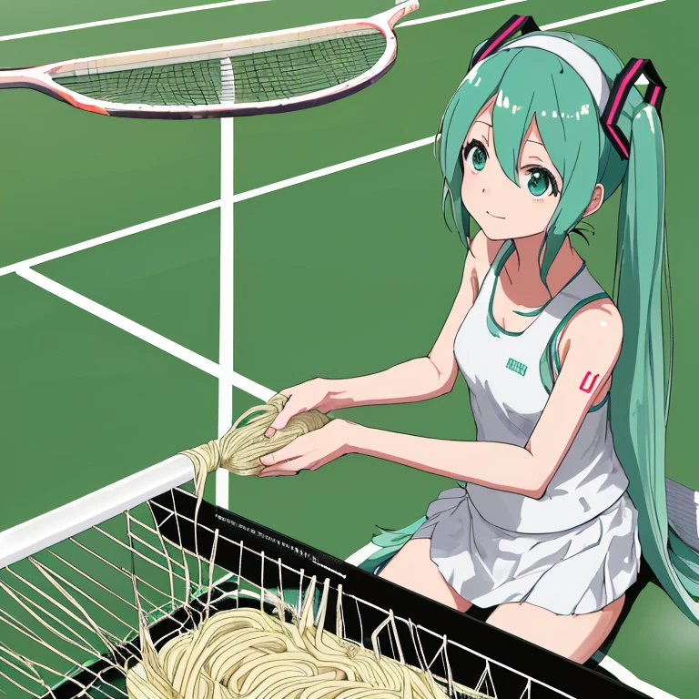 Hatsune Miku making soba noodles on the tennis court