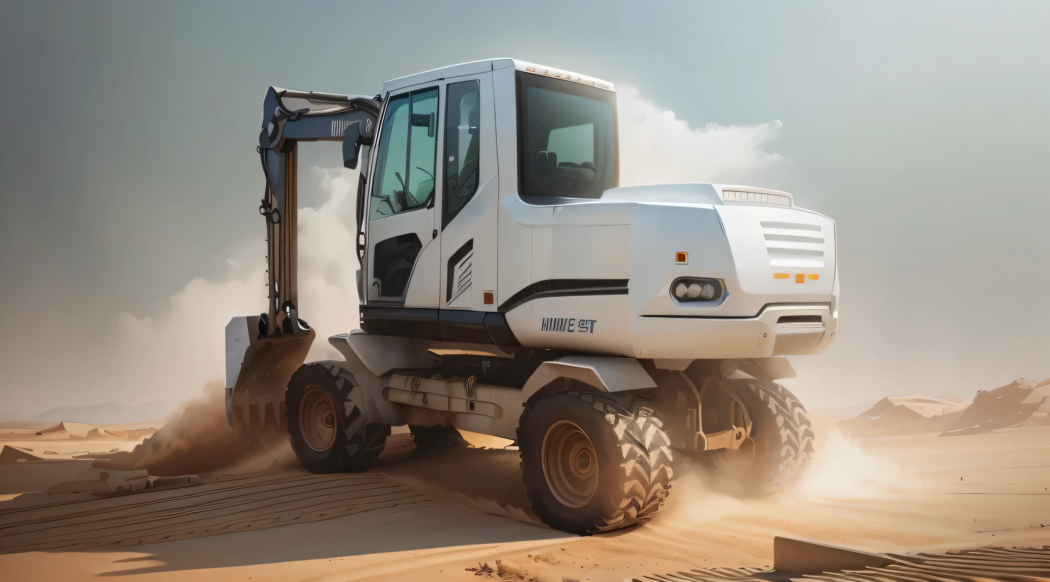 Close-up of a white excavator with doors closed, vehicle illustration, vehicle design, concept drawing, transportation design, side perspective, industrial design concept, side view, vehicle concept photo, detailed digital illustration, front view, transportation design, side profile Art, Automotive Concepts, Transportation Design, High Detail Illustrations, Automotive Concepts, HD