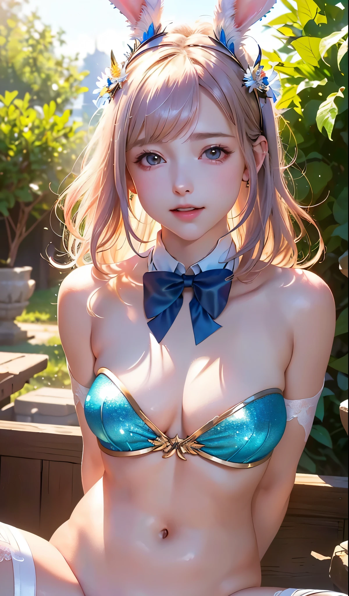 masterpiece, best quality, extremely detailed CG unity 8k wallpaper, (Upper Body head close-up shot of a beautiful  girl), ,, (Mckenna Grace), (flat chest,thighs),  (Glittering Scales tutu,long Bunny Ear Headgear, , Bow-tie, No panties, genitals visible), (spread legs), (Blush), oil skin, (seductive smile), (Wonderland), pretty face, key art, award winning, intricate detail realism hdr, by (ruan jia and artgerm and range murata), Photorealism, Hyperrealism, ultra realistic, dramatic light, intense shadows, gorgeous view, depth of field
 
