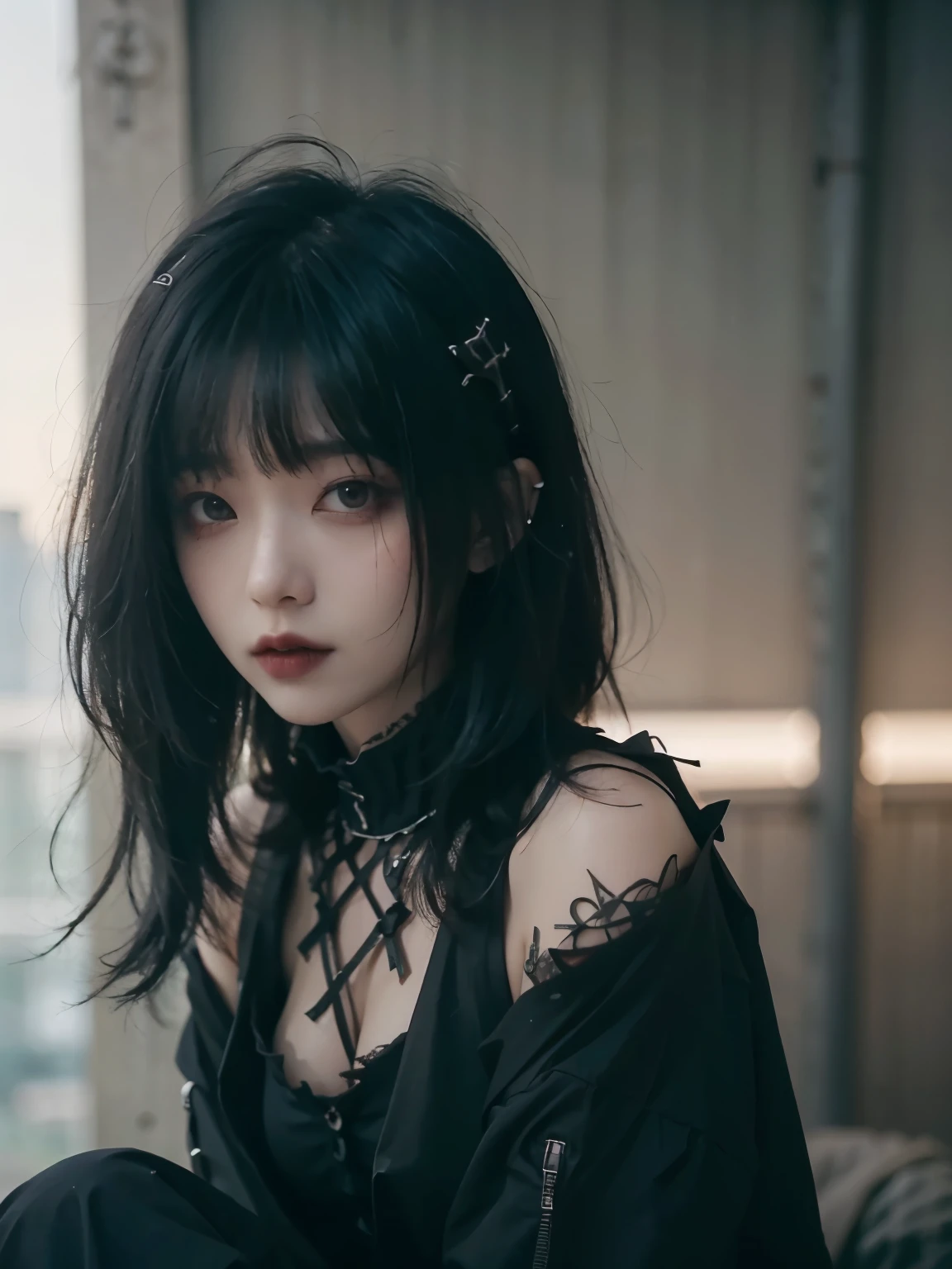 minimum, harmony, tranquility, fog , Perfect and 美しい concrete background, cinematic light, 1 girl, 24-years-old, slender, floating Medium Hair, bangs, (Gothic_Punk:1.2), masterpiece, best quality, RAW Photos, sigma 50mm f1.4, candytt, Detailed costume, Breathtaking