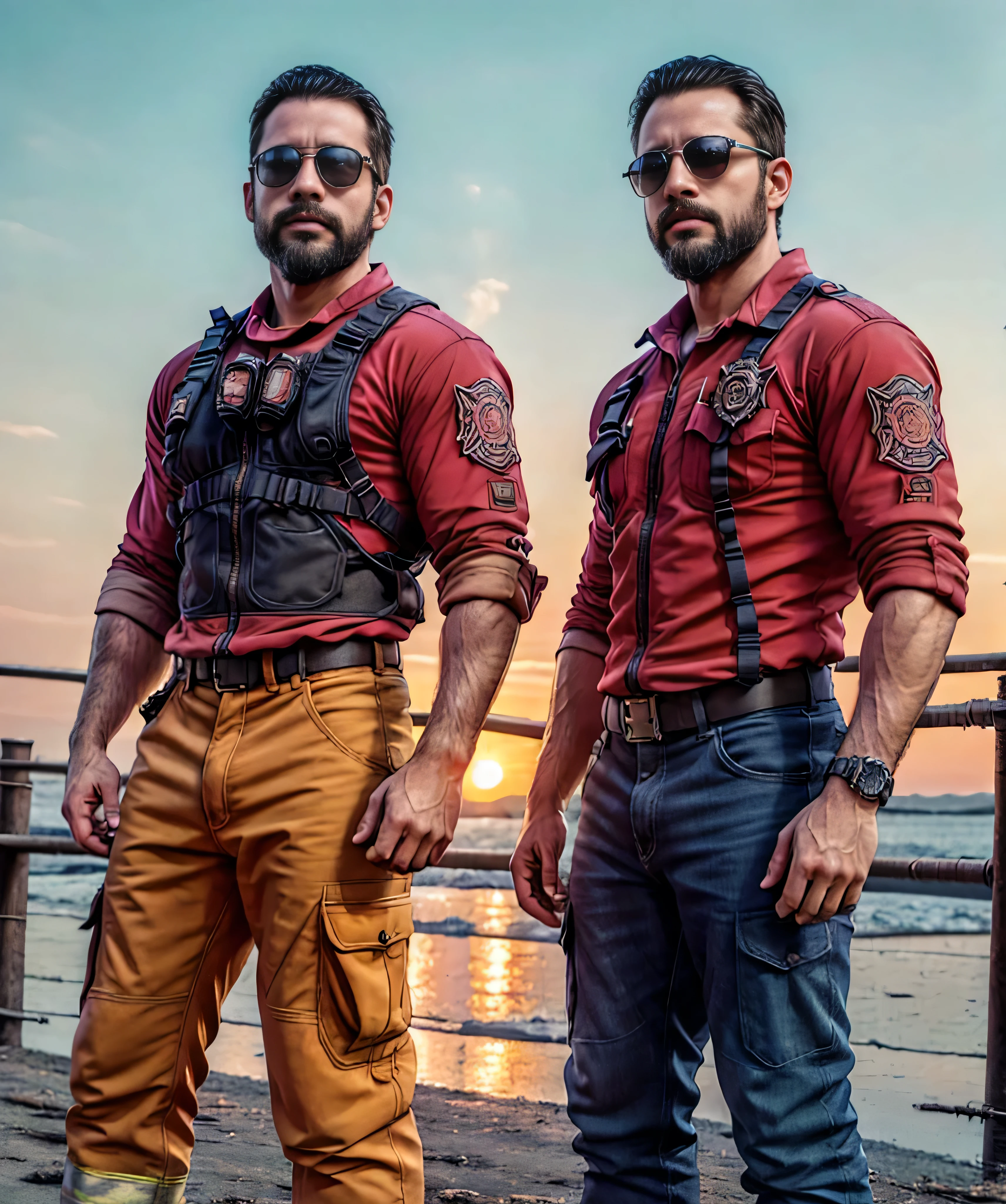 Obra maestra, desenfoque de campo, Parte superior del cuerpo, Hands in pants pockets , Two 38 year old men with beards and square sunglasses. Men dressed in a firefighter shirt at an action movie in Japan with a sunset in the background.