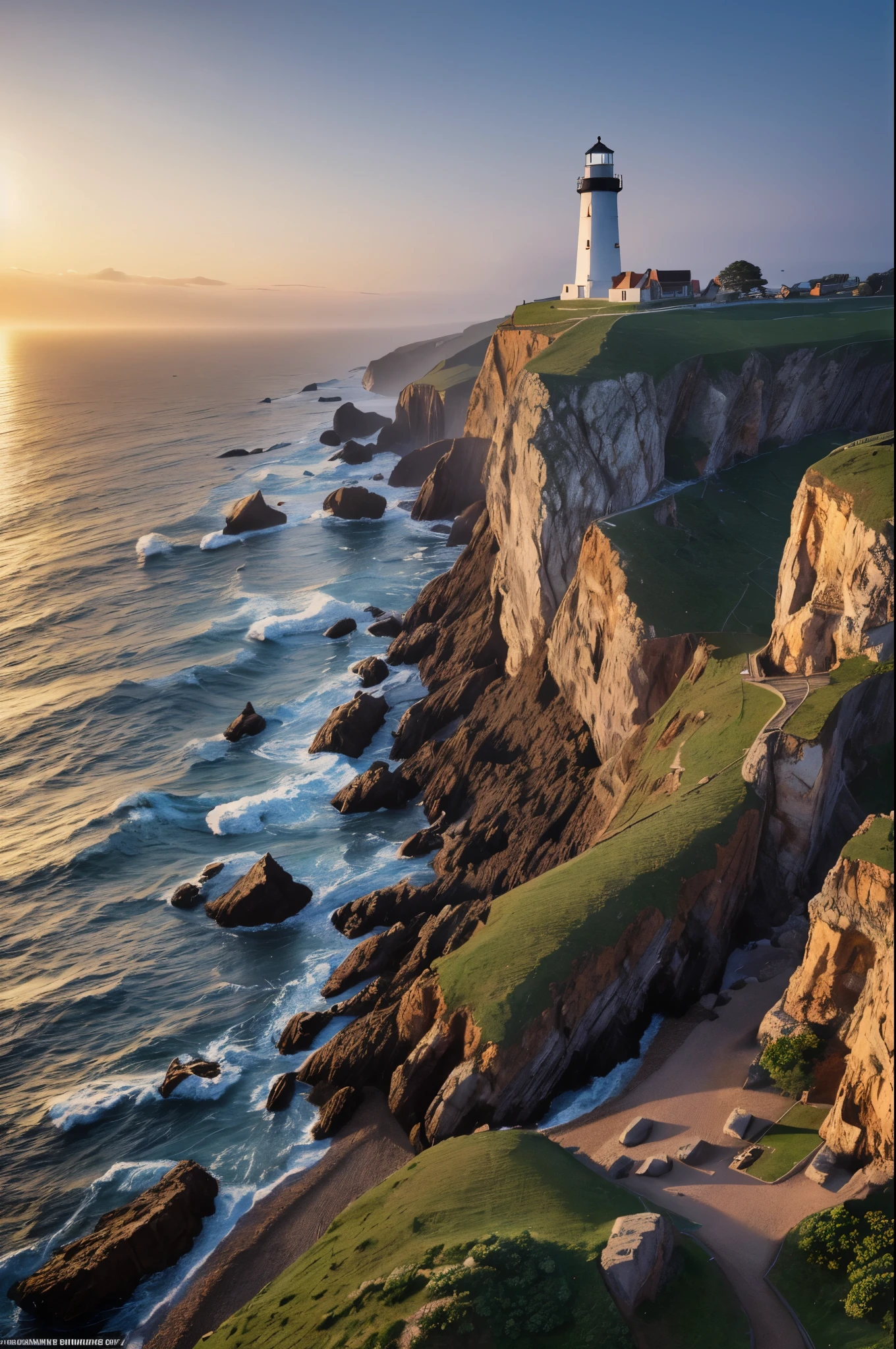 Oil painting, The lighthouse on the edge of the coast, An old medieval lighthouse stands along a rugged coastline, illuminating the darkness of the night. Its warm rays of light penetrate the fog and show ships the way, while the sound of the waves crashes against the rocks, masterpiece, high detail, 8k, intricate, detailed, high resolution, high res, high quality, highly detailed, Extremely high-resolution details, fine texture