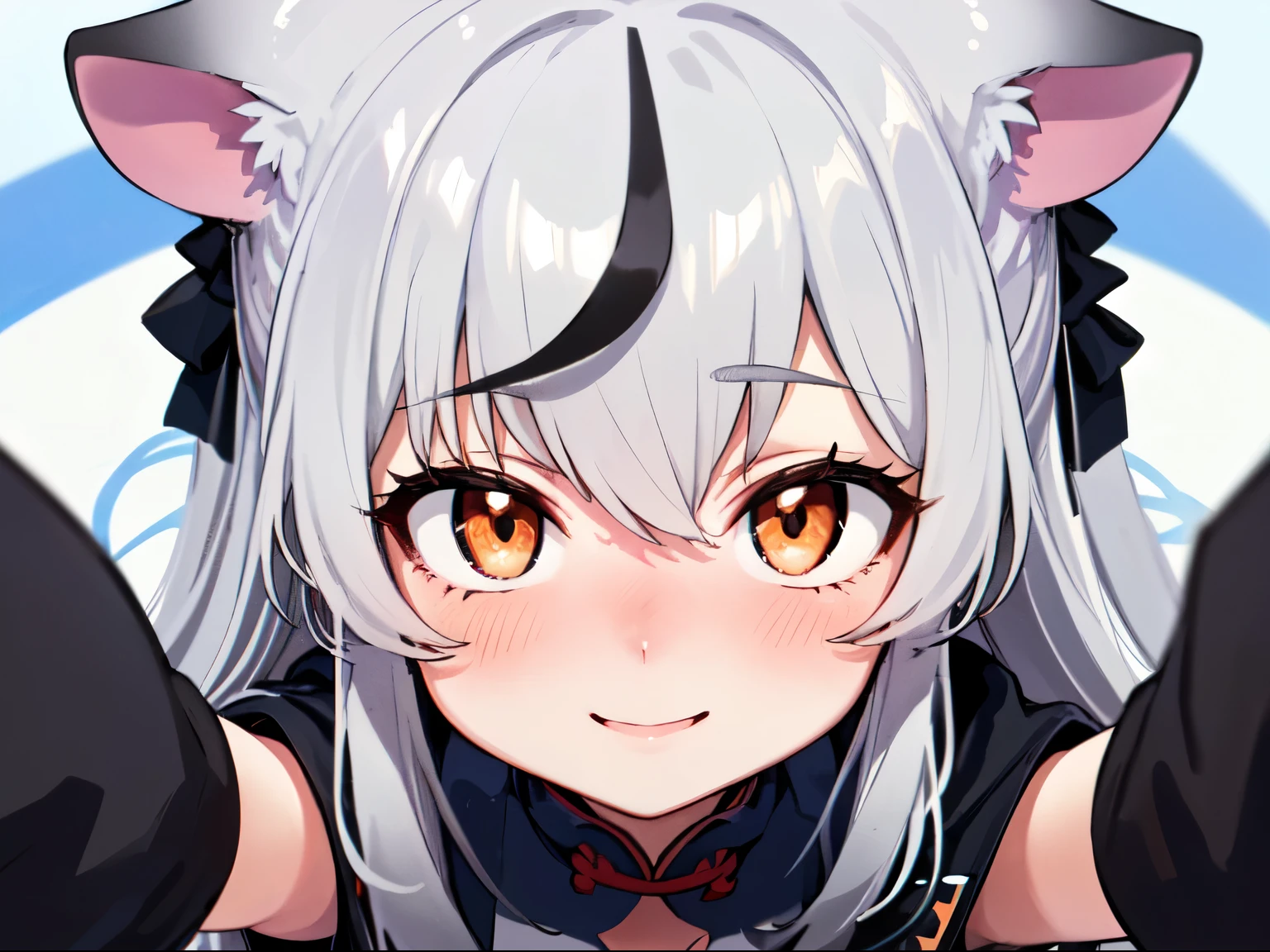 masutepiece, top-quality, ultra-details, Solo Focus, 
(1KOKONA, open arms for viewer), 
pigeon toed, 
, White hair, Orange Eye, Smile:0.8, blush:1.3, 
Black clothes, Black jacket, White skirt, 
(From-front-above, Close-up Face:1.4),