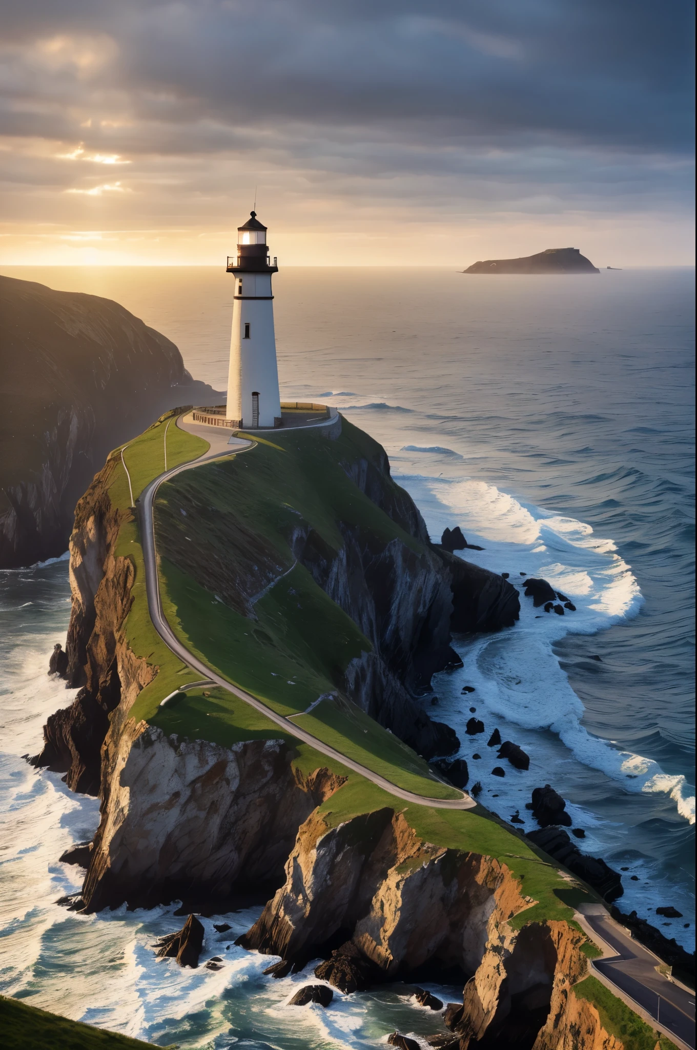 Oil painting, The lighthouse on the edge of the coast, An old medieval lighthouse stands along a rugged coastline, illuminating the darkness of the night. Its warm rays of light penetrate the fog and show ships the way, while the sound of the waves crashes against the rocks, masterpiece, high detail, 8k, intricate, detailed, high resolution, high res, high quality, highly detailed, Extremely high-resolution details, fine texture