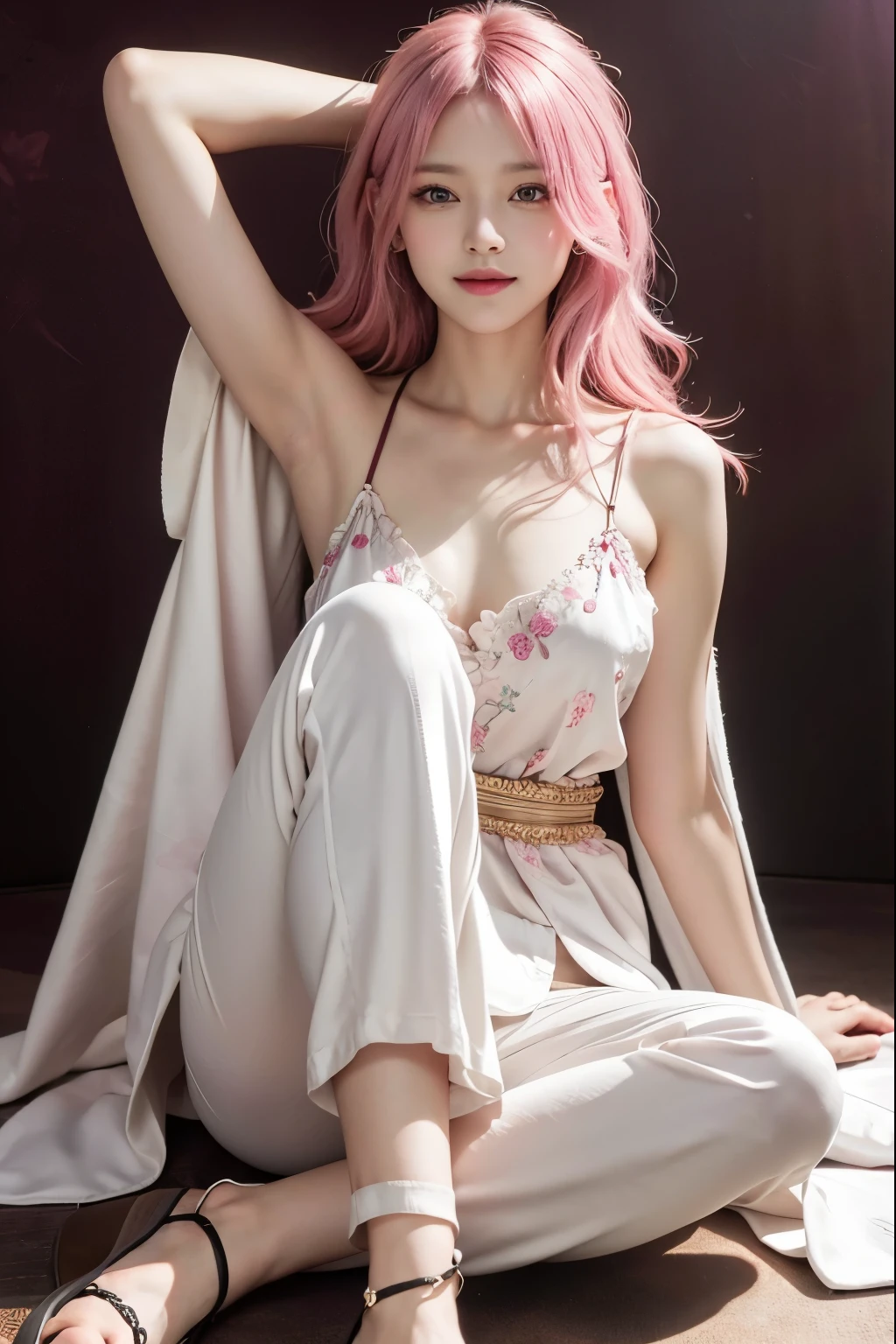 a beautiful girl,pink hair,standing,looking at to the viewer,(Very Detailed: 1.3),ultra realistic,HDR,(High Dynamic Range),8K RAW,(((1GIRL))),(((wearing robe))),happy face,(((black background))),masterpiece,best quality,perfect proportion