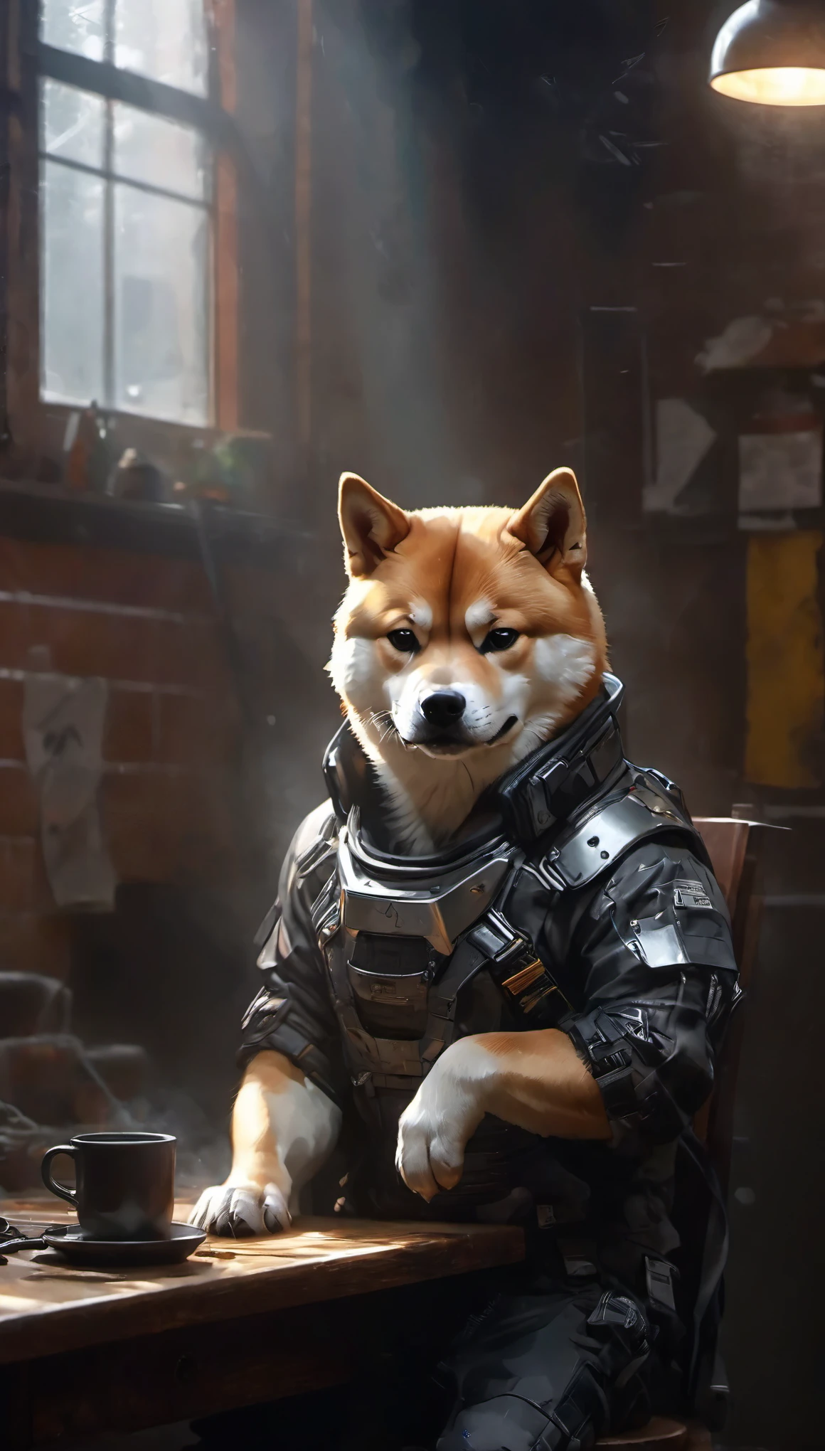 (short-haired Shiba Inu),(best quality,highres,masterpiece:1.2),portrait,realistic，xianxia，Cyberpunk，Interweaving of light and shadow