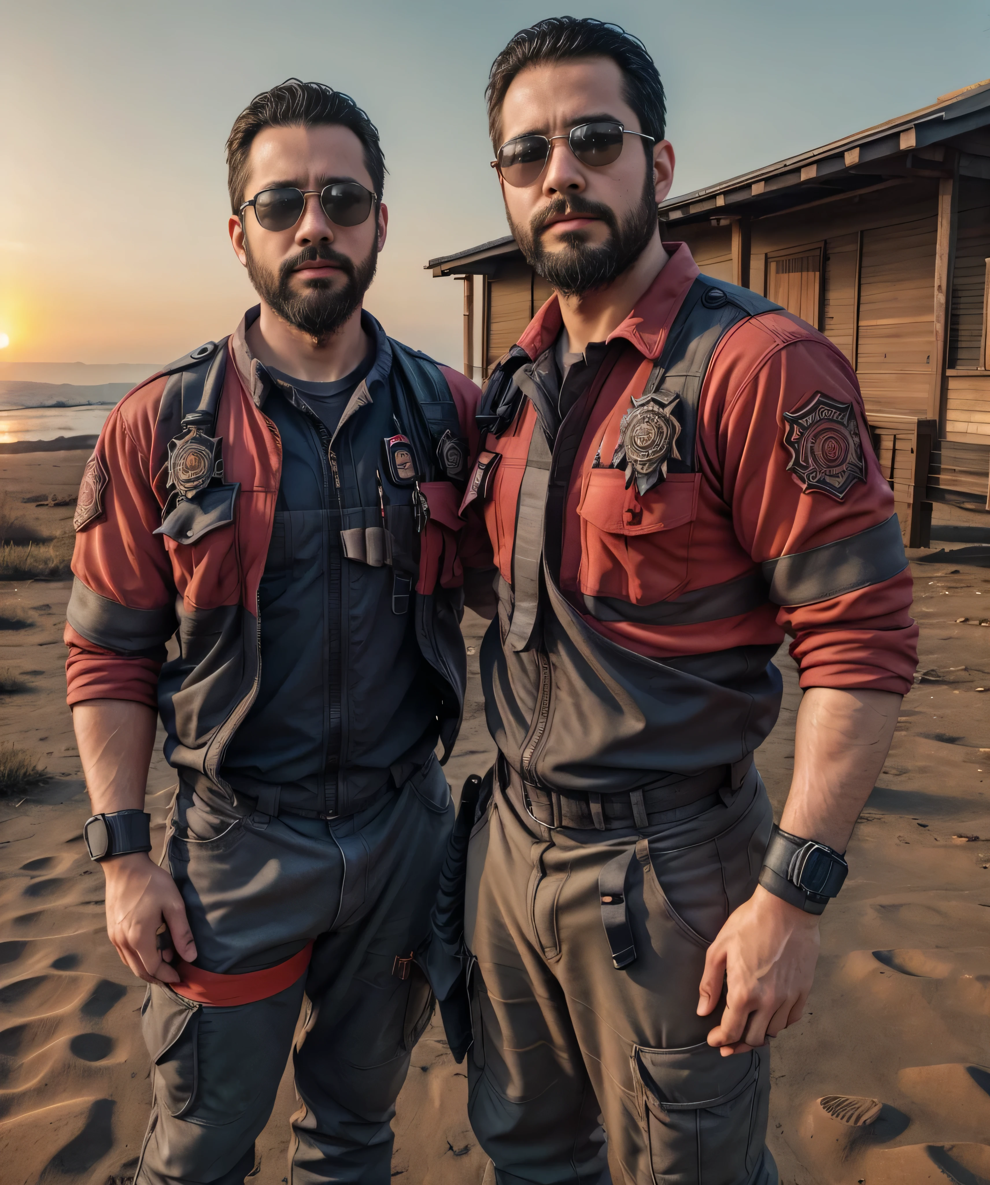 Obra maestra, desenfoque de campo, Parte superior del cuerpo, Hands in pants pockets , Two chubby 38 year old men with beards and square sunglasses. Men dressed in a firefighter shirt at an action movie in Japan with a sunset in the background.