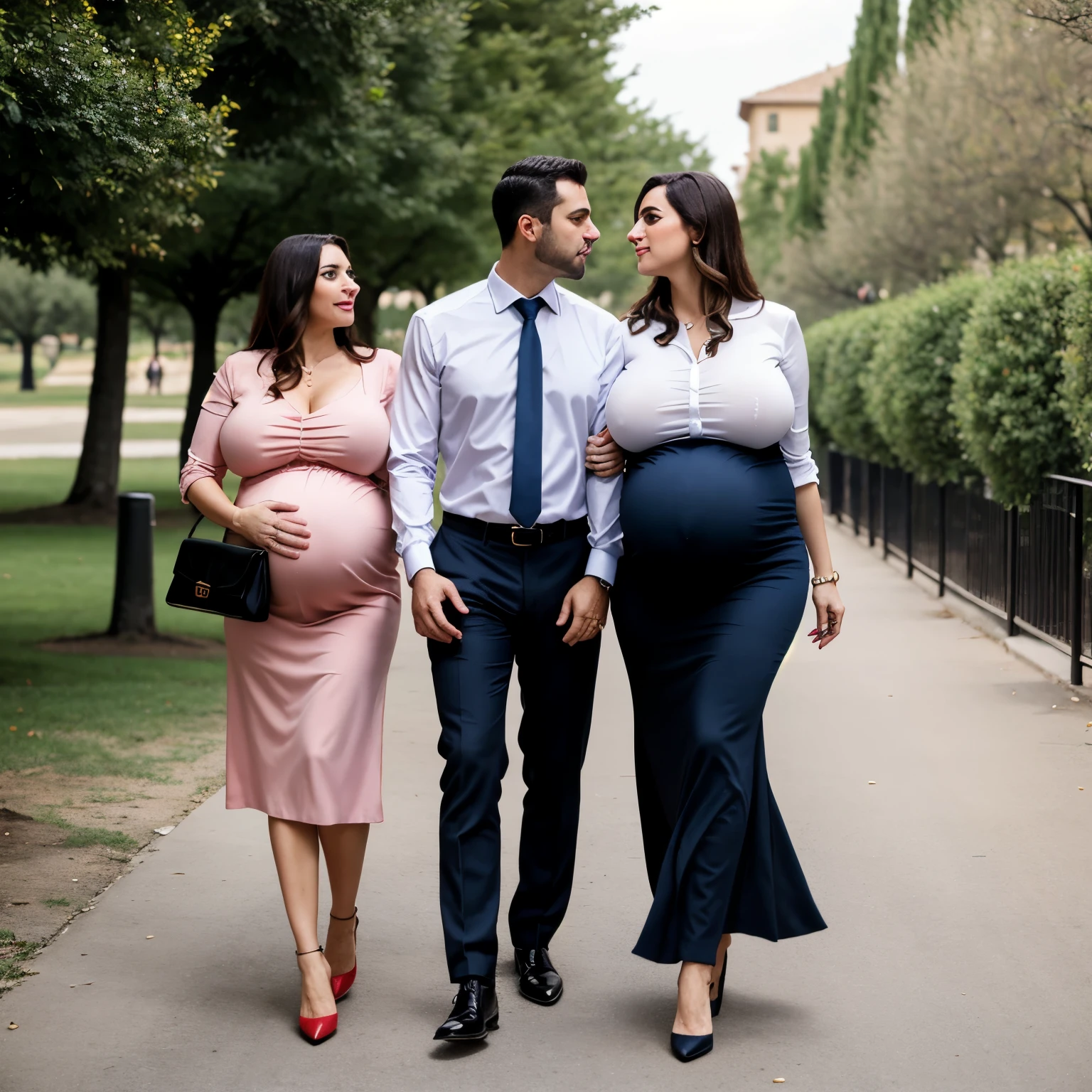 An elegant Italian woman, very pregnant, and a handsome man, walking next to each other in the park, kissing each other, The woman has ((gigantic breasts)) and is wearing a business blouse, very long business skirt and high heels