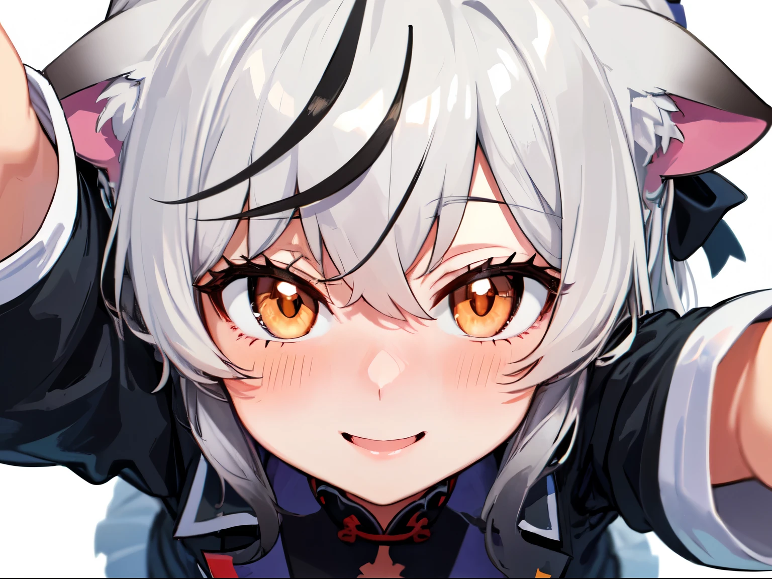 masutepiece, top-quality, ultra-details, Solo Focus,
(1KOKONA, open arms for viewer),
pigeon toed,
, White hair, Orange Eye, Smile:0.8, blush:1.3,
Black clothes, Black jacket, White skirt,
(From-front-above, Close-up Face:1.4),