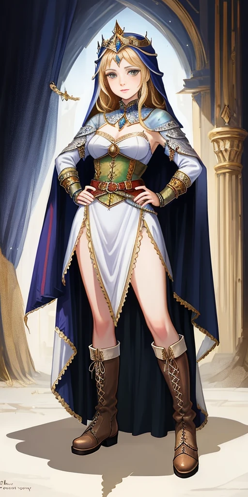 full body of a woman in a dress with a veil, feet together, standing feet together, military boots, beautiful fantasy maiden slave warrior, beautiful fantasy art portrait, fantasy Victorian art, medieval fantasy art, beautiful and elegant queen Roxxane, portrait of queen of light, fantasy portrait art, gothic fantasy art, a beautiful fantasy empress, ((white background)) hands on hips