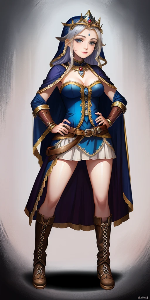 full body of a woman in a dress with a veil, feet together, standing feet together, military boots, beautiful fantasy maiden slave warrior, beautiful fantasy art portrait, fantasy Victorian art, medieval fantasy art, beautiful and elegant queen Roxxane, portrait of queen of light, fantasy portrait art, gothic fantasy art, a beautiful fantasy empress, ((white background)) hands on hips