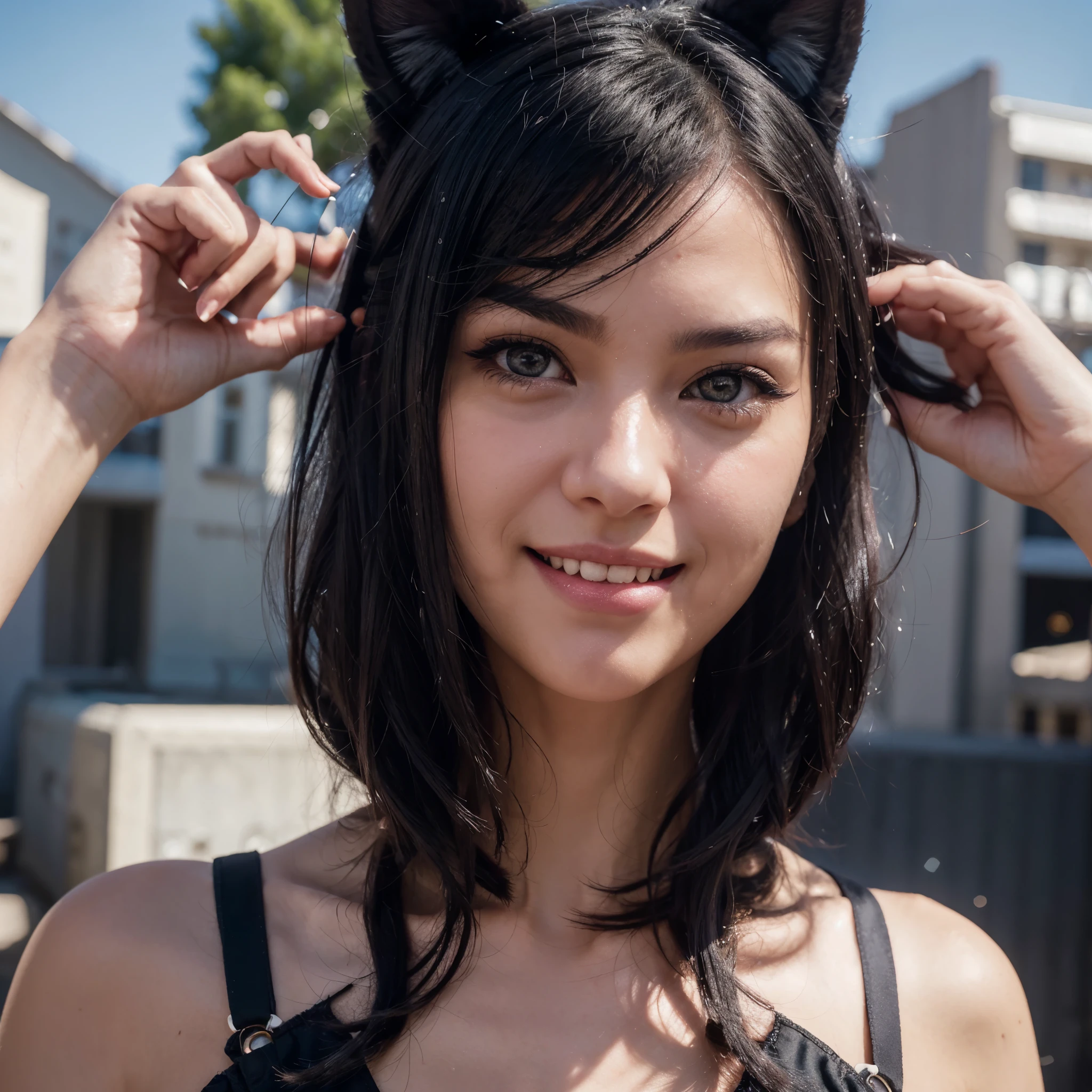 black hair, hair bobbles, wince, longeyelashes, solid circle eyes, fake animal ears, light smile, ear blush, fang, Surrealism, drop shadow, anaglyph, stereogram, tachi-e, pov, atmospheric perspective, 8k, super detail, ccurate, best quality