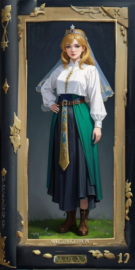 full body of a woman in a dress with a veil, feet together, standing feet together, military boots, beautiful fantasy maiden slave warrior, beautiful fantasy art portrait, fantasy Victorian art, medieval fantasy art, beautiful and elegant queen Roxxane, portrait of queen of light, fantasy portrait art, gothic fantasy art, a beautiful fantasy empress, ((white background)) hands on hips