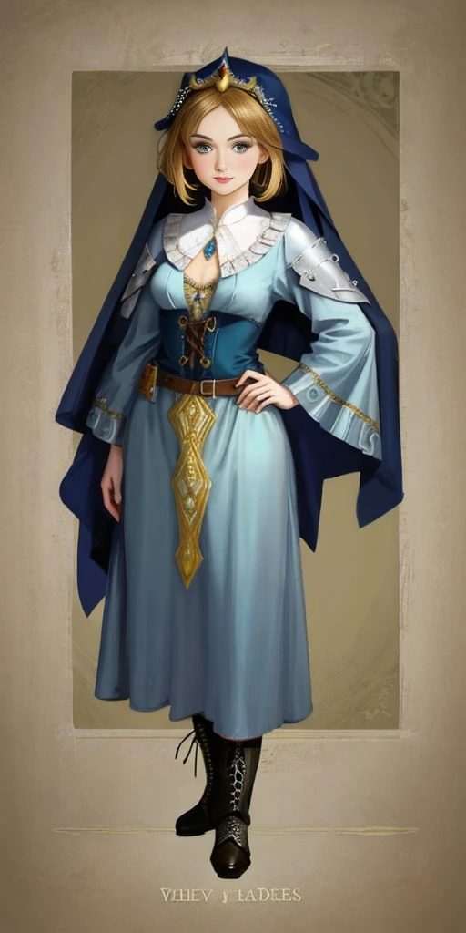 full body of a woman in a dress with a veil, feet together, standing feet together, military boots, beautiful fantasy maiden slave warrior, beautiful fantasy art portrait, fantasy Victorian art, medieval fantasy art, beautiful and elegant queen Roxxane, portrait of queen of light, fantasy portrait art, gothic fantasy art, a beautiful fantasy empress, ((white background)) hands on hips