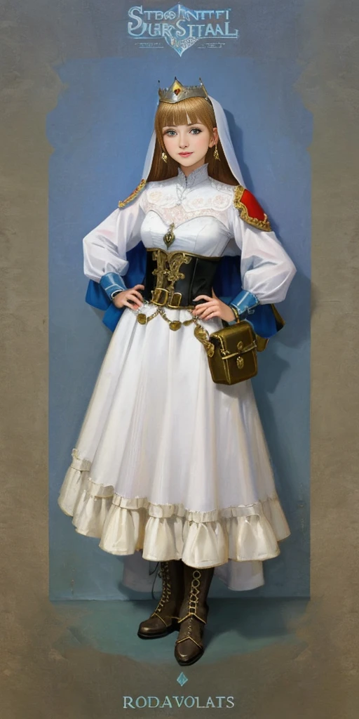full body of a woman in a dress with a veil, feet together, standing feet together, military boots, beautiful fantasy maiden slave warrior, beautiful fantasy art portrait, fantasy Victorian art, medieval fantasy art, beautiful and elegant queen Roxxane, portrait of queen of light, fantasy portrait art, gothic fantasy art, a beautiful fantasy empress, ((white background)) hands on hips