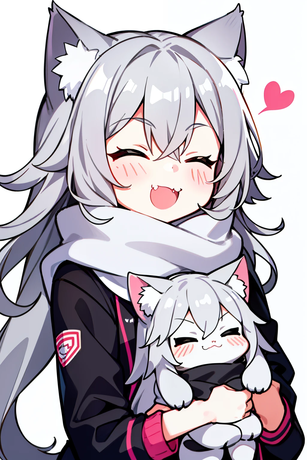 Masterpiece, Excellent, 1girl, gray hair, medium long hair, cat ears, closed eyes, looking at the audience, :3, cute, scarf, jacket, white background, fang, high quality, UHD