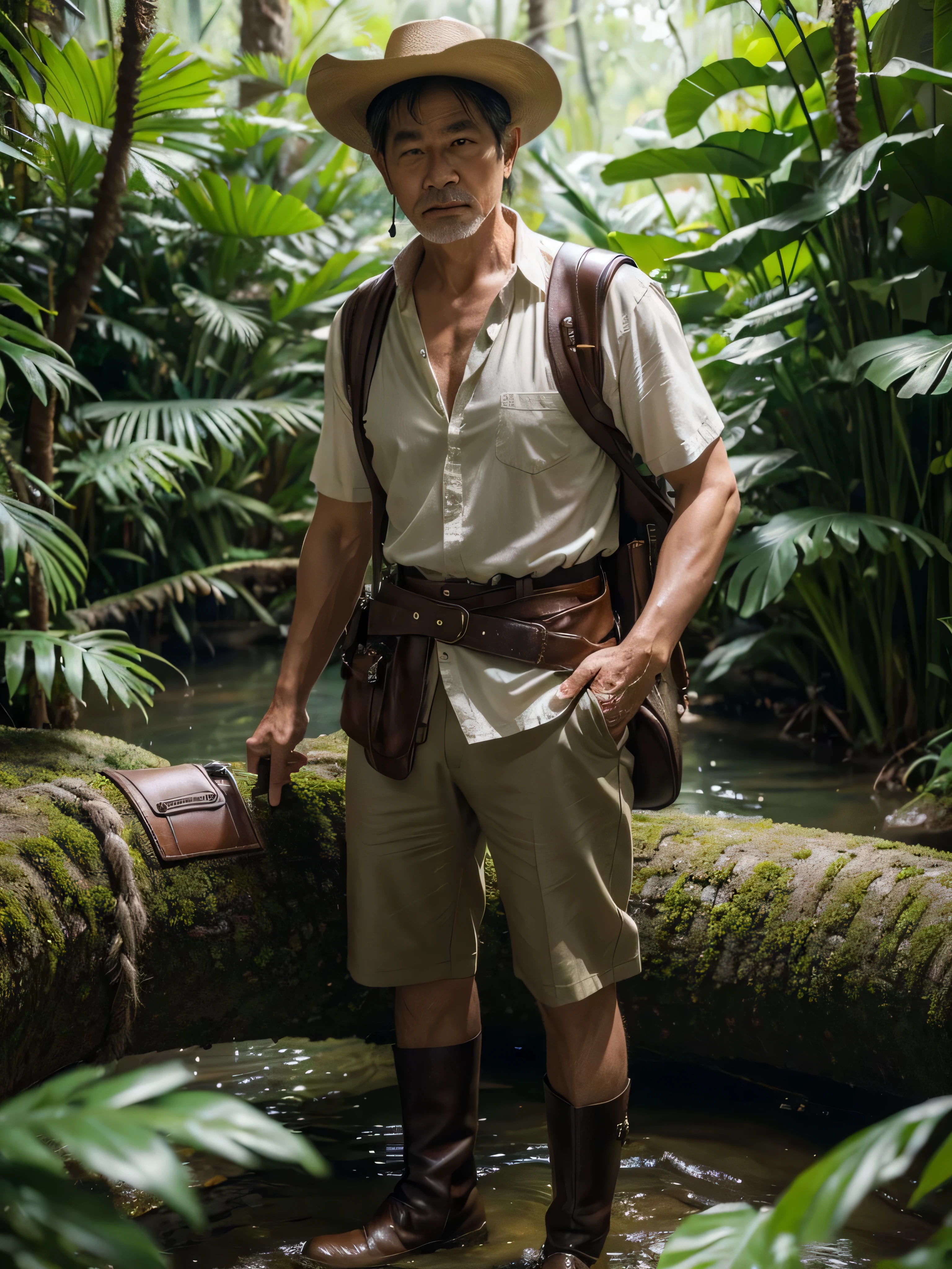 ((Realistic lighting, best qualtiy, 8K, highly realistic, masterpiece:1.3)), sharp focus:1.2, of a japanese man,senior citizen, 60years age, sweating, cowboy hats, summer outfits, boots, adventurer,explorer, Full body view, ,Beautiful ((adventurer)),jungles,oases,giant and wet trees, panthers, anaconda, mist, rain