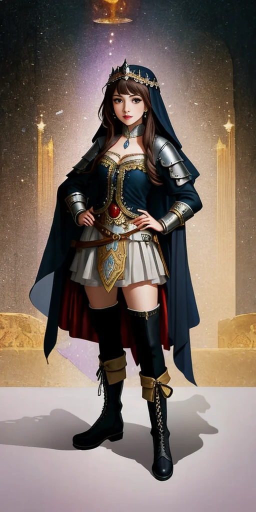 full body of a woman in a dress with a veil, feet together, standing feet together, military boots, beautiful fantasy maiden slave warrior, beautiful fantasy art portrait, fantasy Victorian art, medieval fantasy art, beautiful and elegant queen Roxxane, portrait of queen of light, fantasy portrait art, gothic fantasy art, a beautiful fantasy empress, ((white background)) hands on hips