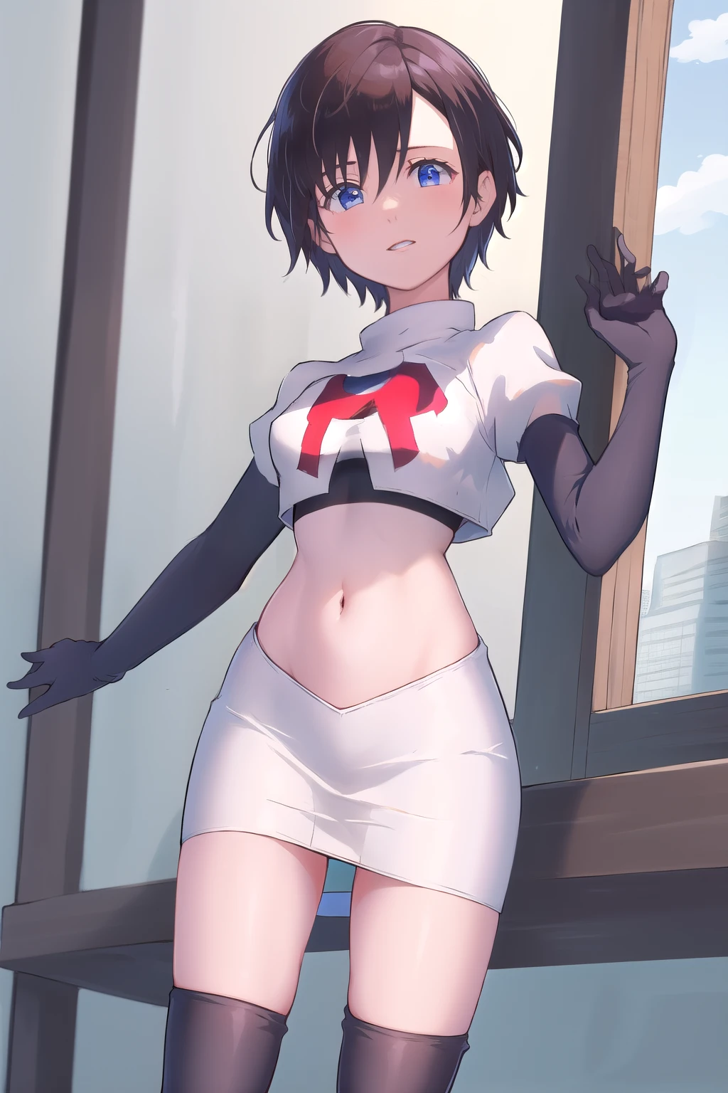 masterpiece, best quality, highres, aaxion, short hair, team rocket,team rocket uniform,white skirt,red letter R,crop top,black thigh-highs,black elbow gloves, cowboy shot, 