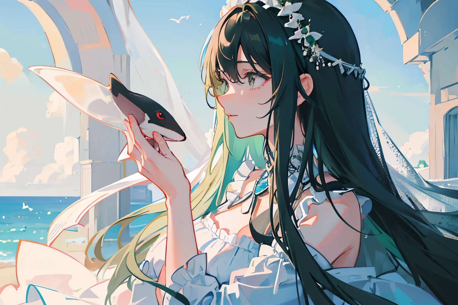 Top quality, a woman holding a stuffed killer whale, close-up of a woman's profile, the woman has long hair and curly green hair, is wearing a wedding dress, and is wearing a white veil, her face is not very visible. The background is the deep ocean with sunlight shining through, and a single red rose.