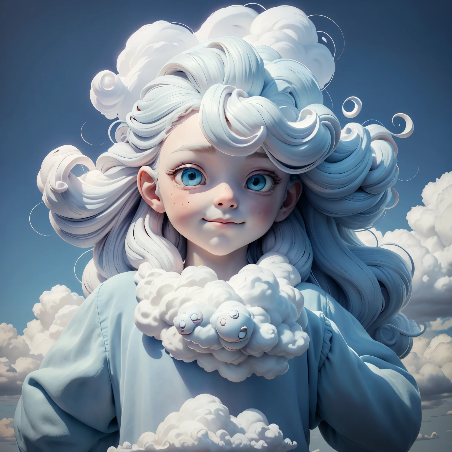 Living cloud,humanoid cloud,10 years old girl face,cloud body,head made of clouds,hands made of clouds,cloud anatomy,hair made of clouds,white light eyes,flying in the sky,little smile,fingers made of clouds, form of clouds,body made of clouds